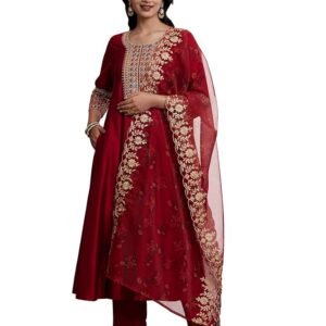 Amazon Brand - Myx Women's Embroidered Anarkali Kurta Suit Set with Organza Dupatta | A-Line Fit (Available in Plus Sizes)